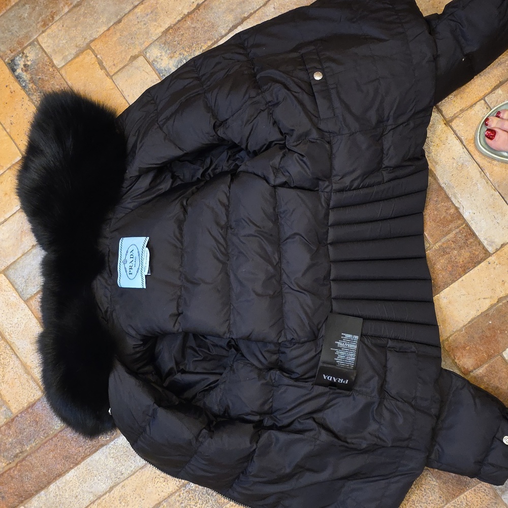 PRADA Black Down Puffer Jacket with Fur Collar - Picture 16 of 16